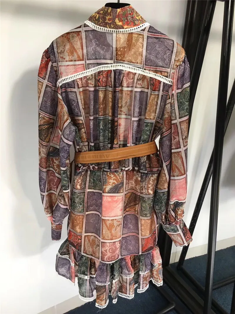 Runway Designer Women Dress 2019 Spring Summer Vinatge Long Sleeve Ruffles Floral Printed Chiffon Plaid Mini Dress Vestidos (8)