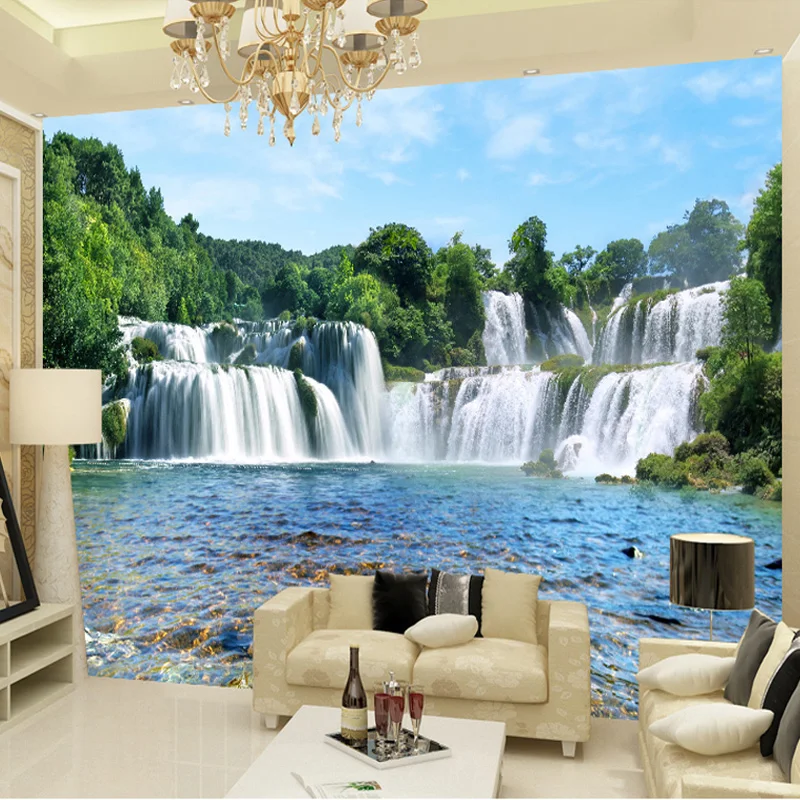 Фотообои 3D из нетканого материала с изображением зелёного леса водопада озера