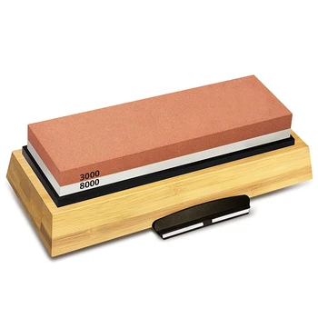 

Sharpening Stone 3000 & 8000 Grit - Double Sided Whetstone Set For Knives With Non-Slip Bamboo Base and Free Angle Guide
