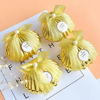 

30Pcs Creative Plastic Gold Shell Wedding Favors Candy Boxes Chocolate Boxes Bomboniera Party Gift Box With Bowknot & Faux Pearl