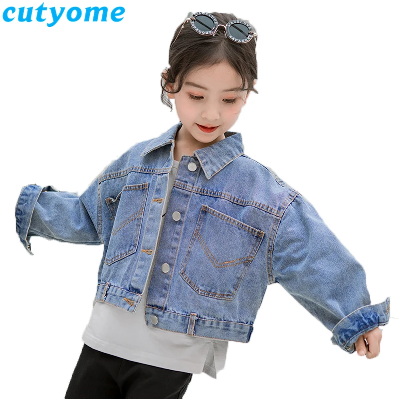 

Casual Jeans Girls Spring Jackets Cotton Turn-down Collar Children Short Korean Style Patchwork Denim Jacket Teen Outerwear Coat