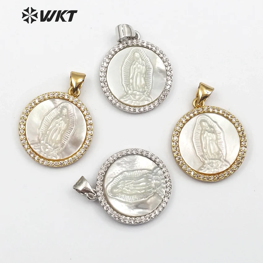 

WT-MP112 WKT Classic vintage white seashell metal pendant religious round Virgin Mary pendant with cz peripheral embellishment