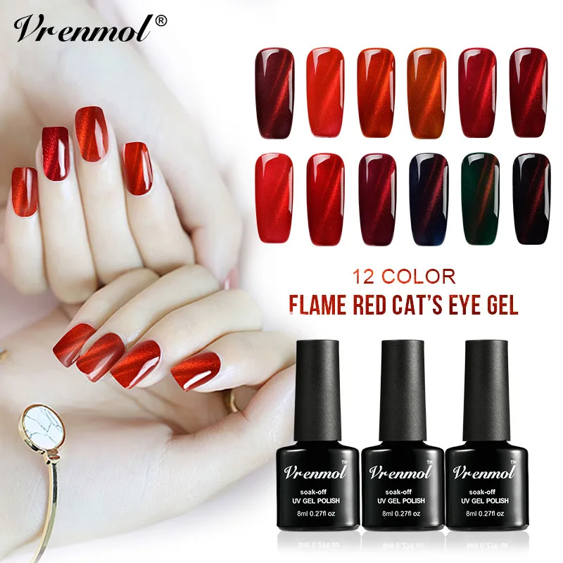 

Vrenmol 8ml Wine Red Flame Fire Cat Eye Nail Gel Polish 3D Glitter Magnetic Gel Lacquer Soak Off UV Gel Manicure Varnish