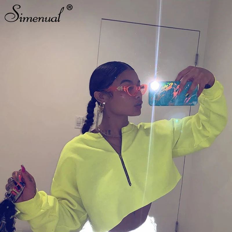 Simenual Neon Color Zipper Women's Sweatshirt Long Sleeve Streetwear Cropped Sweatshirt Casual Basic Solid Fashion Hoodies 2019