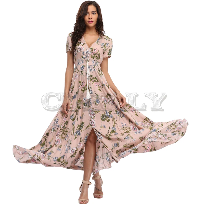 Image 2019 Long Summer Floral Maxi Dress Women Flower Print Casual Split Beach Dress Ladies Elegant Cotton Vintage Boho Party Dresses