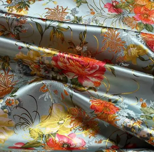 70 см* 100 см одежда костюм платье Детская одежда кимоно ткани COS парча ткань-светло-голубой фон металлик Золотой пион