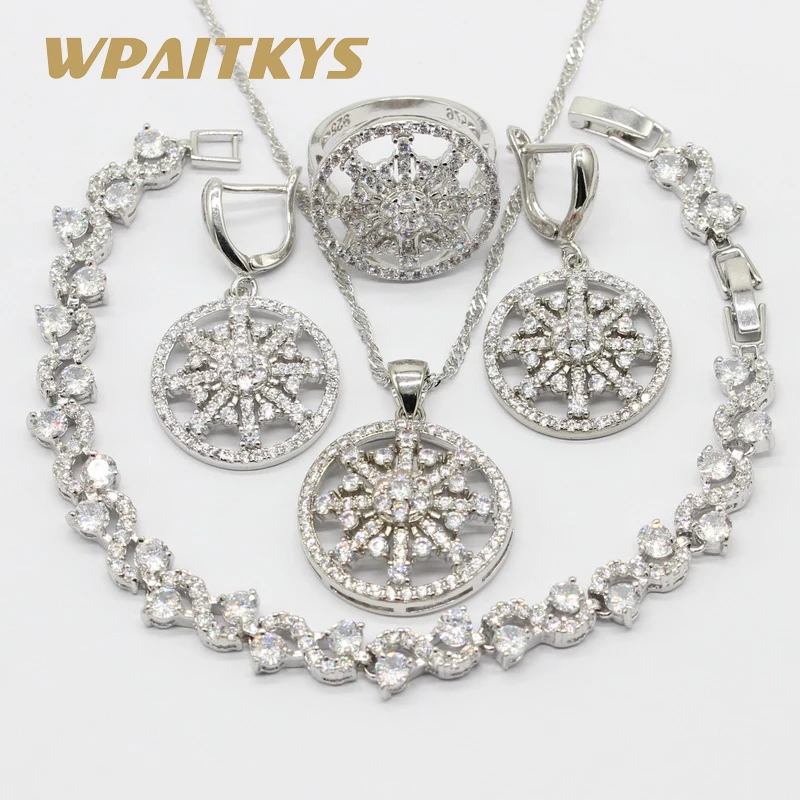 

Round White Zirconia 925 Sterling Silver Jewelry Sets For Women Necklace Pendant Bracelets Earrings Rings Free Gift Box