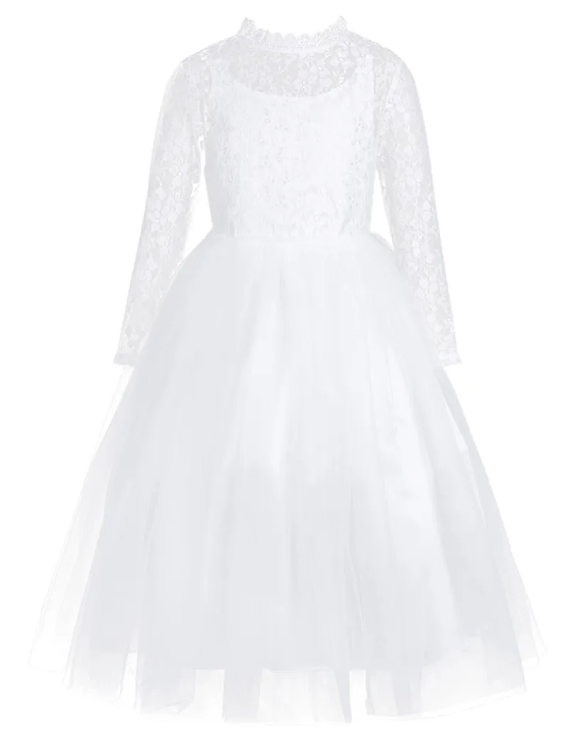 Милое белое кружевное платье с цветочным узором и длинными рукавами для девочек на свадьбу; детское платье для выпускного бала; платье принцессы для девочек; праздничное платье для первого причастия