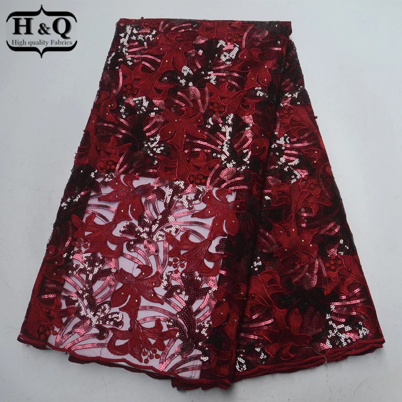 

Wine Sequins Lace Fabrics Fashion African Lace Fabric French Embroidery Lace Beads With Stone 5 Yards/Lot For Women Party Dress