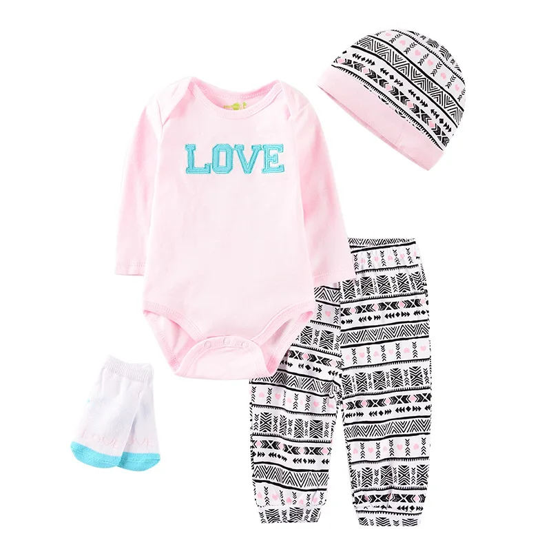 Комплекты одежды с длинными рукавами для малышей, хлопковая одежда для маленьких девочек, костюм для новорожденных мальчиков, 4 предмета, Детский комбинезон с длинными рукавами+ брюки+ носки+ нагрудник