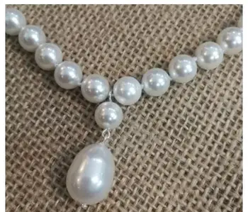 

Perfectly 8mm round bead Bright white SOUTH SEA SHELL PEARL 12mm pendant NECKLACE chain wedding word 925 jewelry