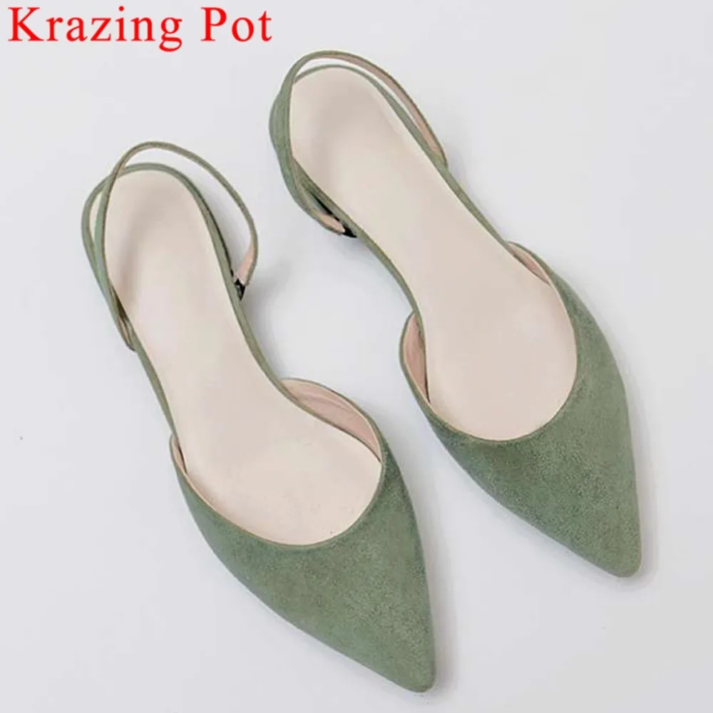

Krazing Pot full grain leather low heels slip on pointed ote Hollywood movie stars art girls preppy style dating sandals L20