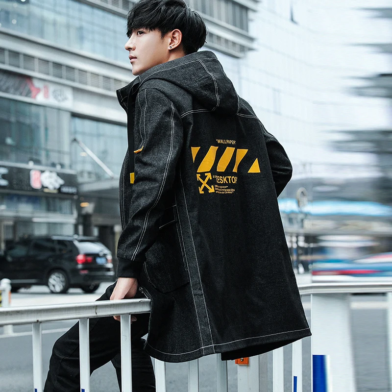 Men hooded paragraph dust coat 2019 Spring Long Denim jacket Fashion Trend Issue male  outerwear 