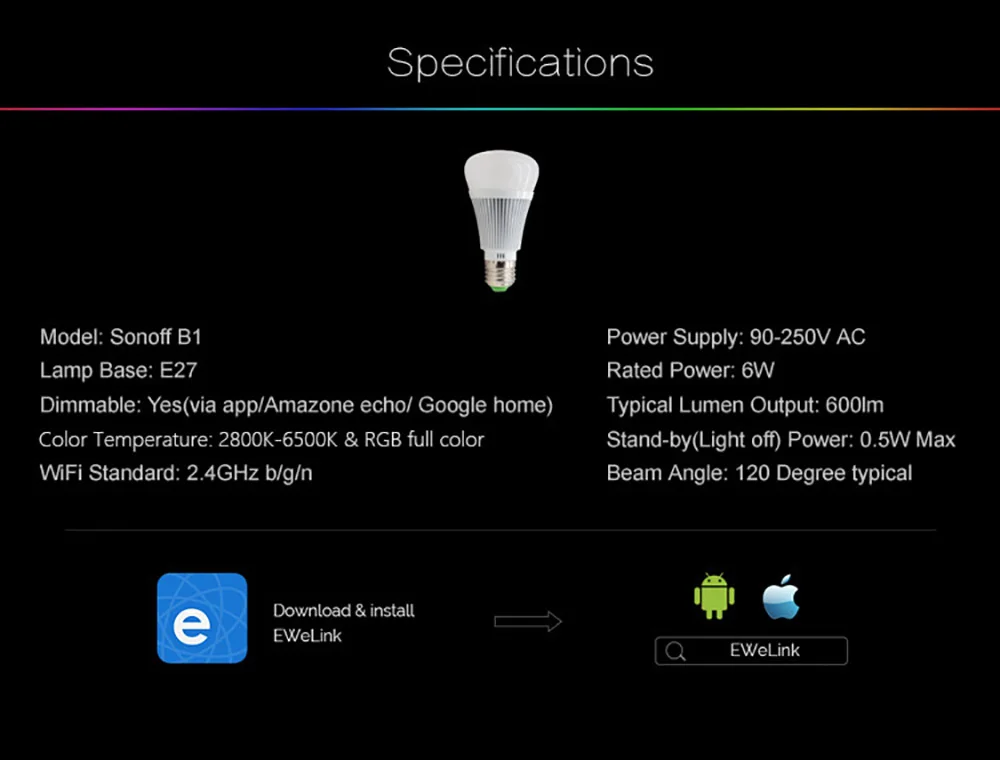 Sonoff B1 светодиодная лампа, Wifi, умный светильник, лампочки, дистанционное управление, Wifi, диммер, светильник, переключатель, светодиодный светильник, меняющий цвет, лампа, работает с Alexa