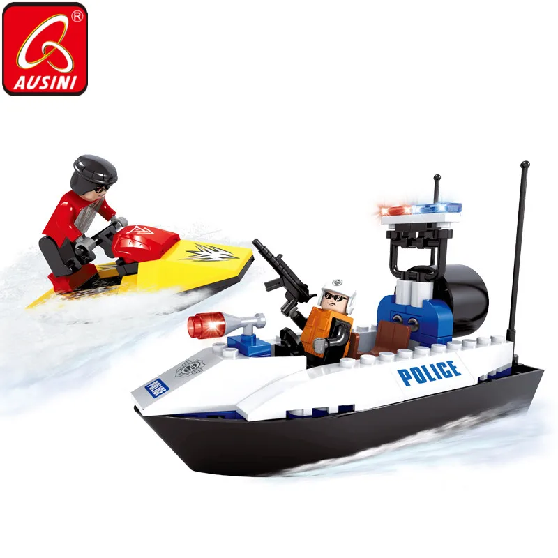 

AUSINI SWAT Police Figure Bricks Blocks Toys For Children Motor Boat Design Model Building Block Set Creator Boys Kids Plaything
