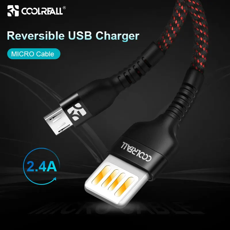 Coolreall Реверсивный USB микро кабель 2.4A телефон Быстрая зарядка микро USB зарядный кабель для samsung Xiaomi huawei планшет Android