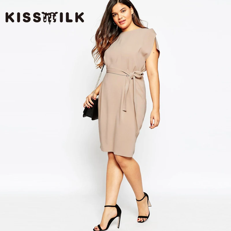 Fashion Solid Color Formal Frock OL One piece Plus Size Woman Dress Slim Hip Bow Knee length