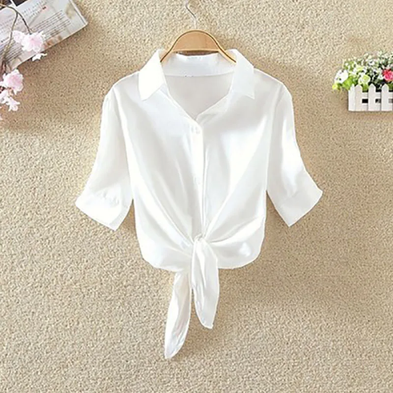 White Bow Tie Plus Size Crop Top Women's Blouse Short Puff Half Sleeve Turn Down Collar Pink Woman Shirts 2019 Casual Female Top
