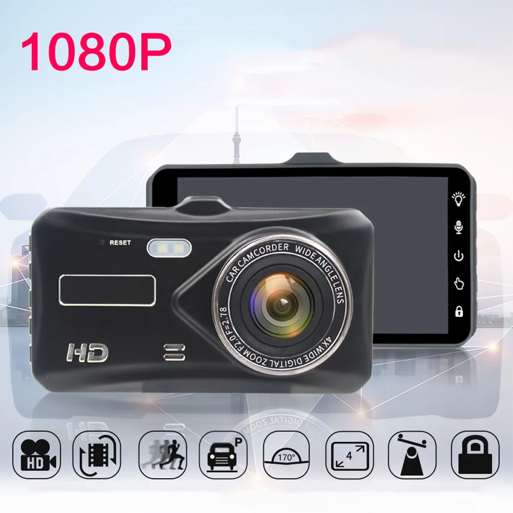 

4inch Dual Lens DVR Dash Cam Driving Car Parking Monitor Safe Reminder 1080P Recorder Easy Install High Definition Screen