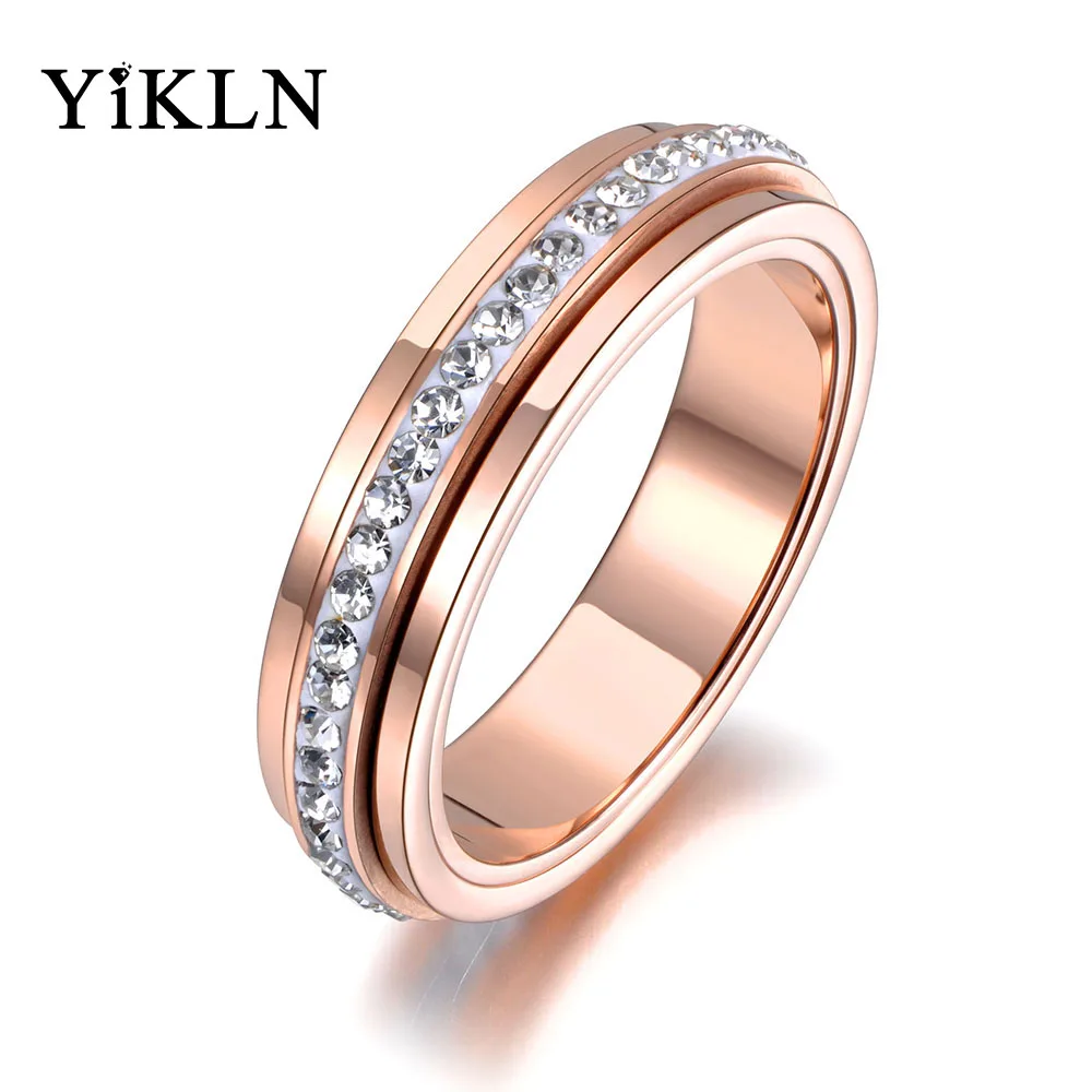 

YiKLN Titanium Stainless Steel Rotatable Wedding Ring Rose Gold Micro Pave CZ Crystal Anniversary Rings For Women Girls YR19027
