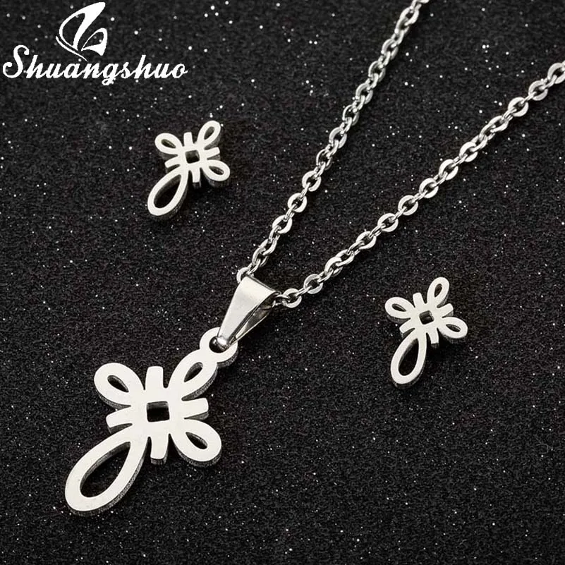 

Shuangshuo Chinese Knot Ethnic Pendant Necklace Women Stainless Steel Earring Eternal Knot Necklace Jewelry Weeding Gifts