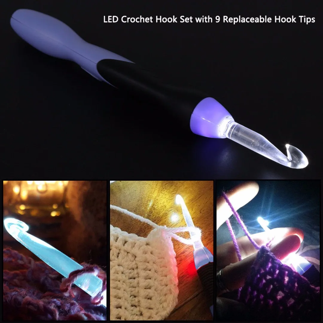 JX-LCLYL New 9 IN 1 USB LED Light Up Purple Crochet Hooks Knitting Needles Set Weave Tool