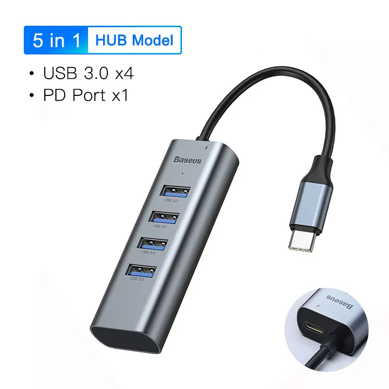 Baseus Mulit USB C концентратор на 3,0 USB разветвитель HDMI для MacBook Pro type C концентратор RJ45 USB адаптер для huawei mate 10 20 samsung S9 S10 - Цвет: 1 PD and 4 USB3.0