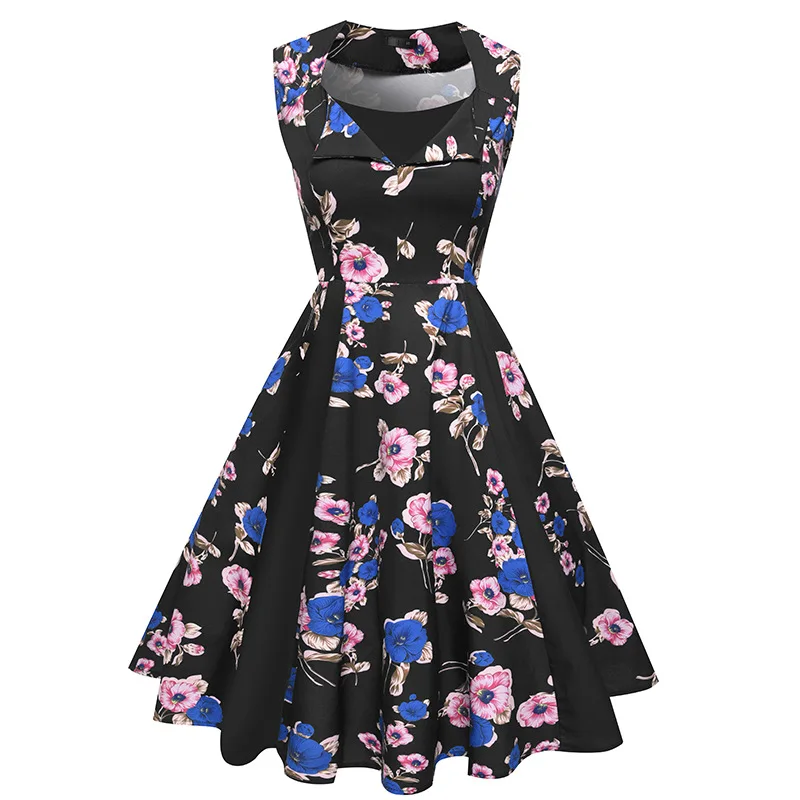 

Brand New Women Summer Dress Retro Floral Printing Stitching Sleeveless Dress Vintage Party Black Plus Size A Line Midi Dresses