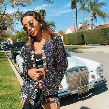 

2019 Fashion Sequin Coat New Arrival Button Multicolor Sexy V Neck Long Sleeve Patchwork Bling Luxury Clubwear Verano Wholesale