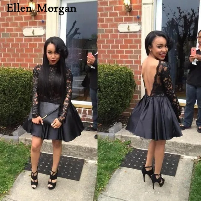 African Black Girls Long Sleeves Homecoming Dresses Backless Lace Satin Can 8th Graders Go To Homecoming