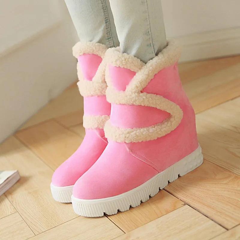 

Japanese sweet comfortable round toe winter warm ankle boots platform apricot pink yellow high with increasing women snow boots