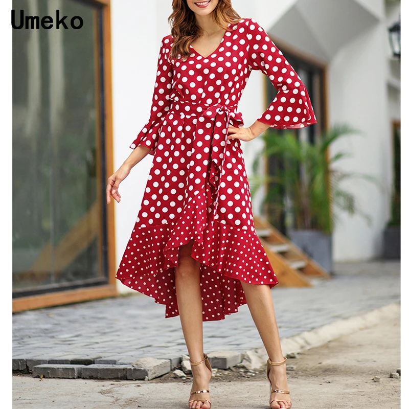 

New Fashion 2019 Womens Party Dress Elegant Dot Casual Flare Long Sleeve V Neck Bow Belt Ladies Vintage Dresses
