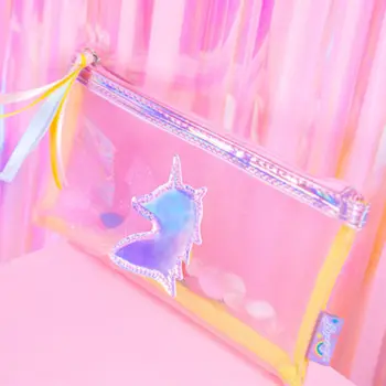 

cartoon unicorn girls makeup bag Harajuku Colorful Laser Transparent Pencil Case women Cosmetic Bag Pouch Beauty