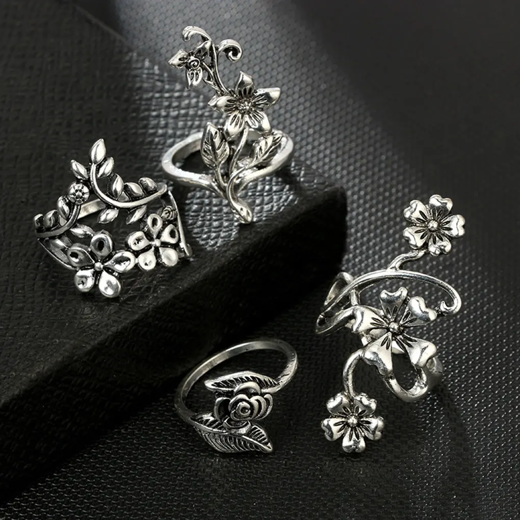 

4PCS/Set Bohemian Retro Hollow Flower Knuckle Ring Sets Women Girls Vines Silver Rings Hand Jewelry Kit