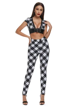 

High Quality Plaid Sexy Women Sets V-neck Tops Rayon Bandage Celebrity Night Club Sets