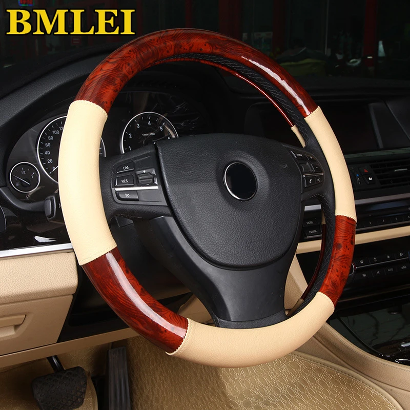 

Newest Universal Deluxe Burl Wood Hyper-Flex Core Steering Wheel Cover Light Wood Grain Leather Comfortable Fits 38cm/15"