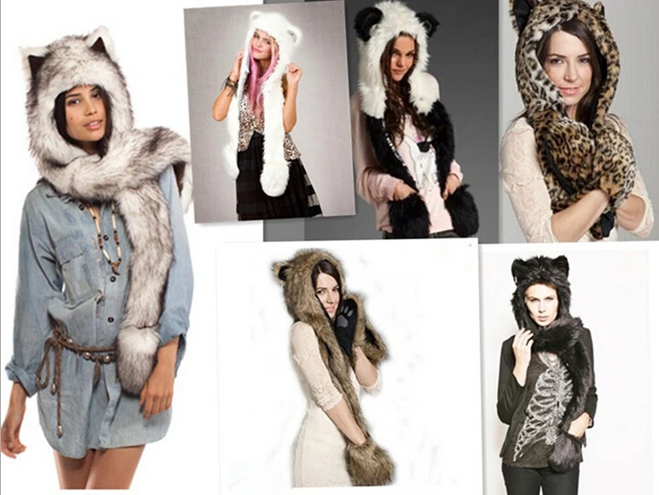 

Women's winter Warm cartoon animal caps hats beanies for women men novelty cap with scarf gloves in party festival faux fur caps