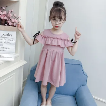 

Girls Dress Summer Korean Kids Cute Shoulders Lotus Leaf Dress Children's Clothing 5-9 Years