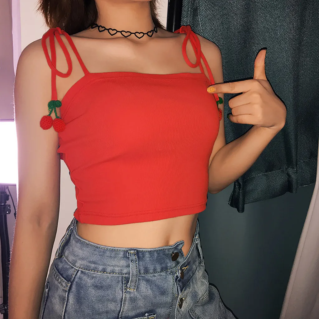 

Sexy Crop Top Women Cherry lace up Camis Tanks Tops Summer Sleeveless Unpadded Bandeau Bra Vest Crop Tops T-Shirt red blusas