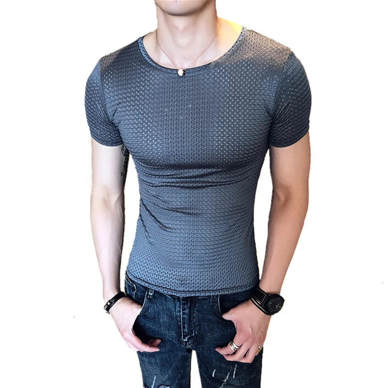 

New arrival style men Hollowed-out T-shirt fashion casual male slim O-Neck collar Mesh ice wire drying quickly short T-shirts