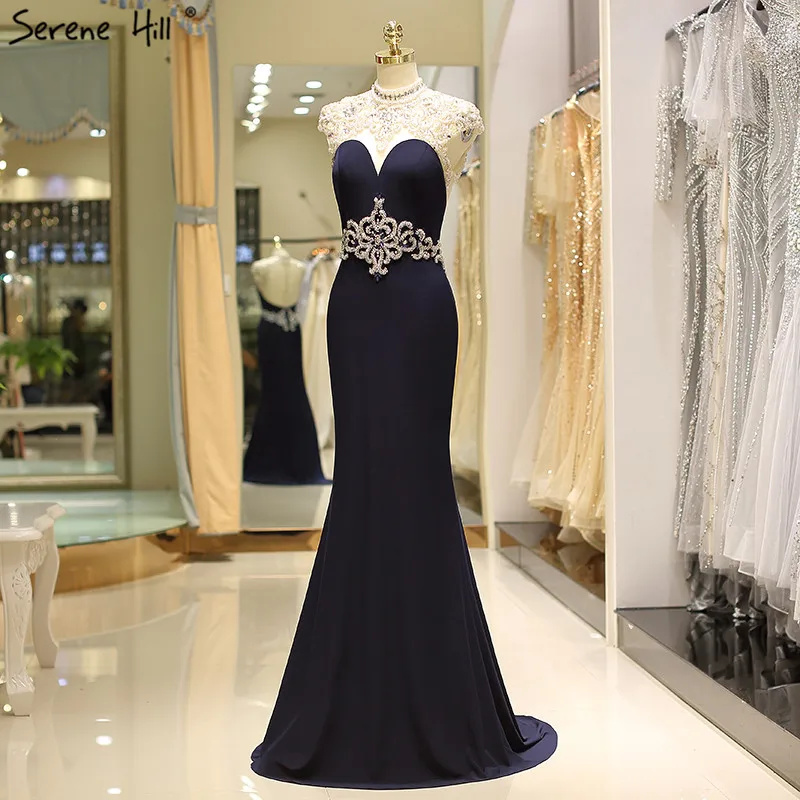 

Navy Blue Mermaid Backless Sexy Prom Dresses 2019 Sleeveless Luxury Diamond Beaded Prom Gowns Serene Hill BLA60889