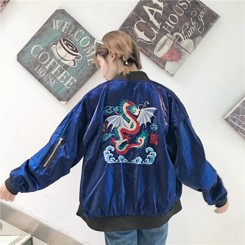 

Harajuku Streetwear Hiphop Embroidery Dragon Zipper Pocket Baseball Uniform Jacket Korea 2019 Satin Silk Coat Bomber Windbreaker