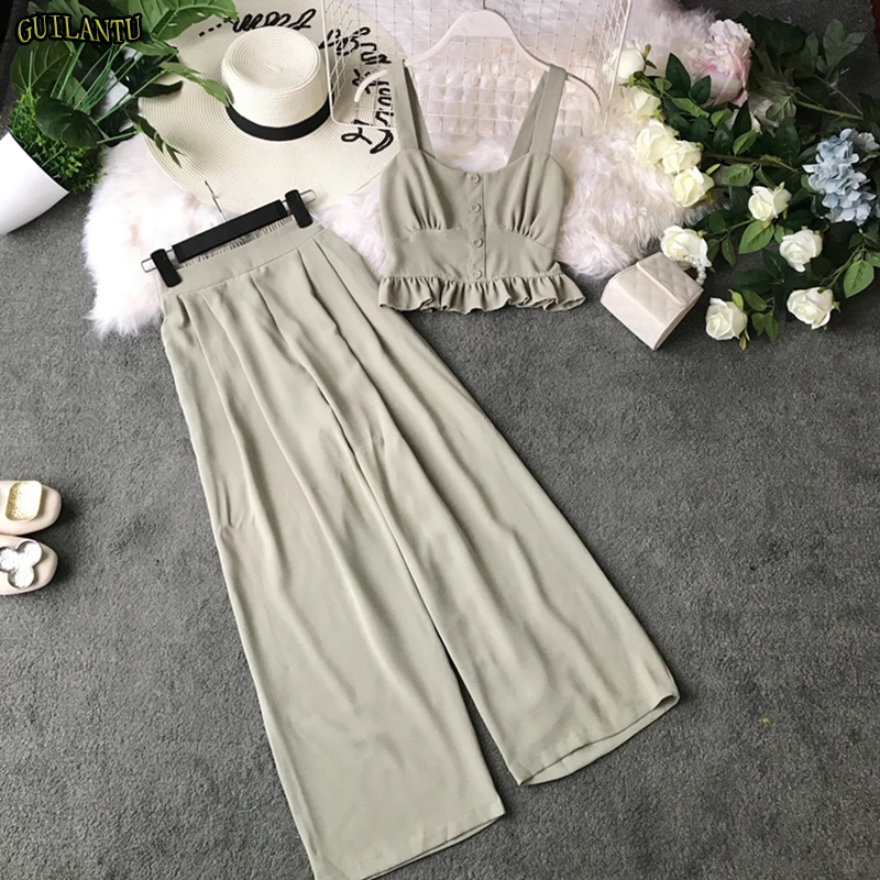 

2019 Summer Two Piece Set Women Clothing V Neck Sleeveless Backless Sexy Crop Top And Elastic Waist Pants 2 Piece Suit Female