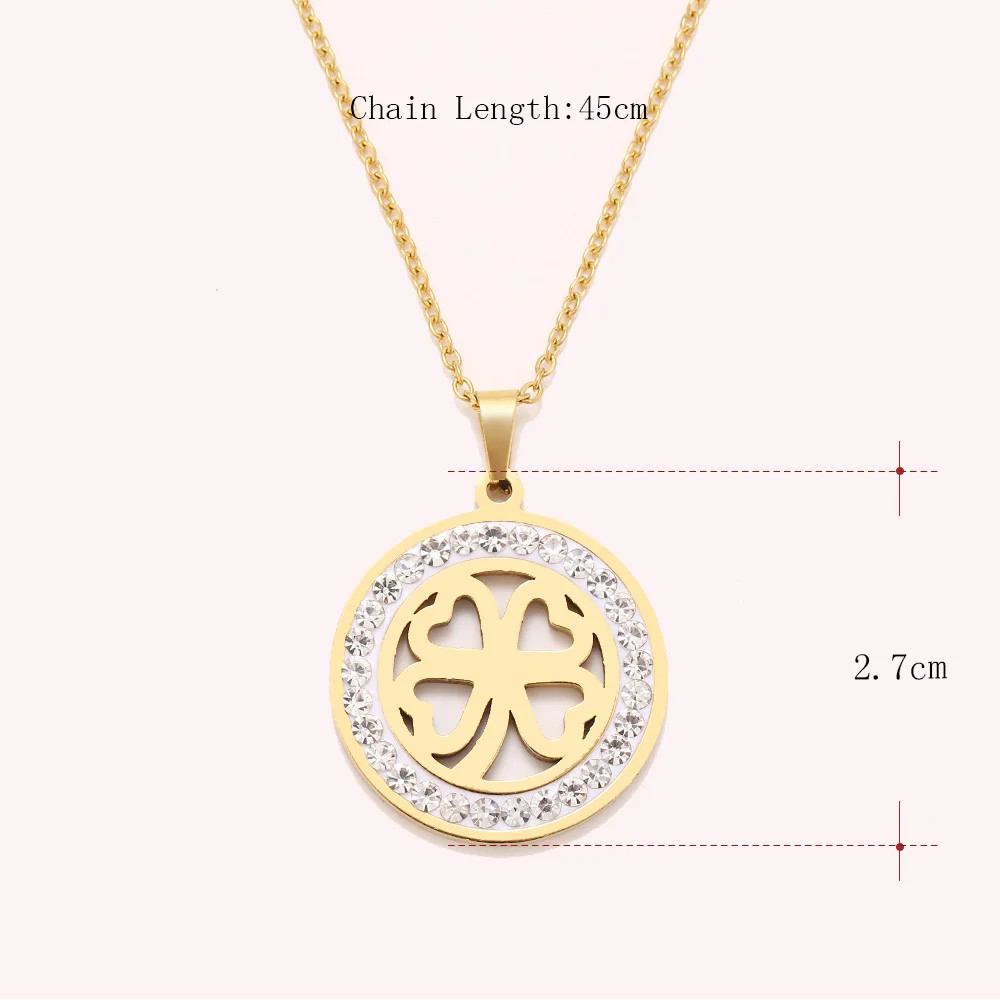 Cacana Stainless Steel Crystal Round Pendants Necklace Women Jewelry Hollow clover Donot Fade Valentine's Day Gift (2)