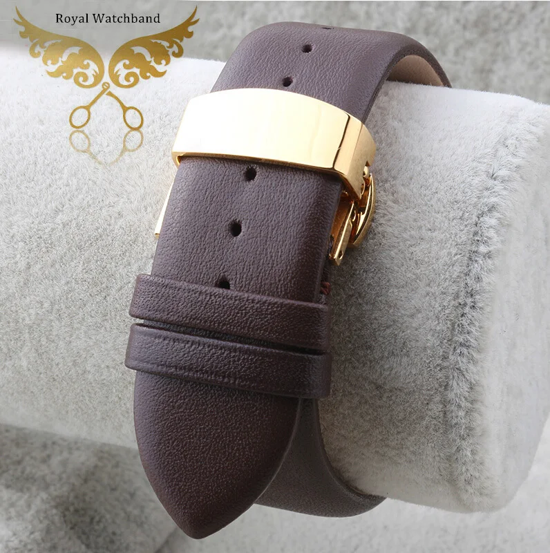 18mm 20mm 22mm Brown Soft Smooth Genuine Leather Watch Bands Strap Gold Butterfly Clasp Buckle For