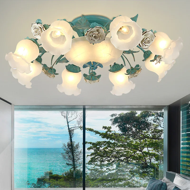 

Mediterranean style LED lamp European fixtures living room ceiling lights Carved flower bedroom luminaire dining room lighting