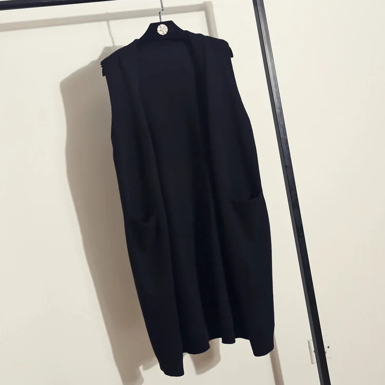 Однотонное Свободное длинное пальто женское осеннее без рукавов Вязанный жилет женский корейский модный женский свитер с v-образным вырезом шерстяной кардиган - Цвет: Черный