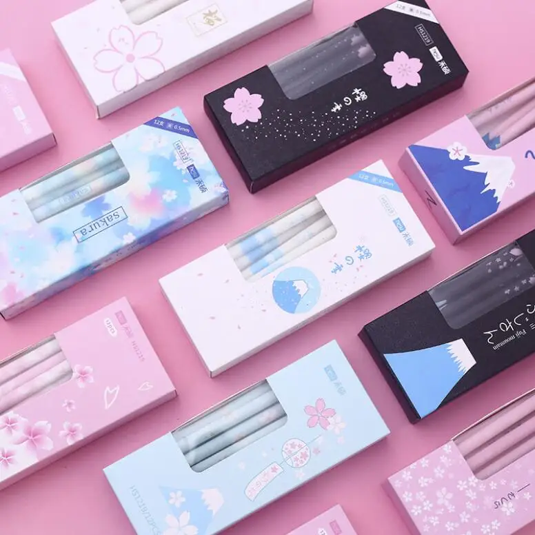 

New 0.55mm 12pcs/pack Kawaii Cheery Blossoms Korean Black Ink Gel Pen Writing Pen Students School And Office Stationery Supplies