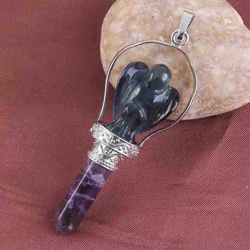 Natural Gnergy Gemstone~ Natuarl Healing Crystal Quartz Hexagonal Carve Angel Stone Pendulum Pendant Fluorite Pink Quartz Opalite Opal Women Jewelry 3 AA00201024301a