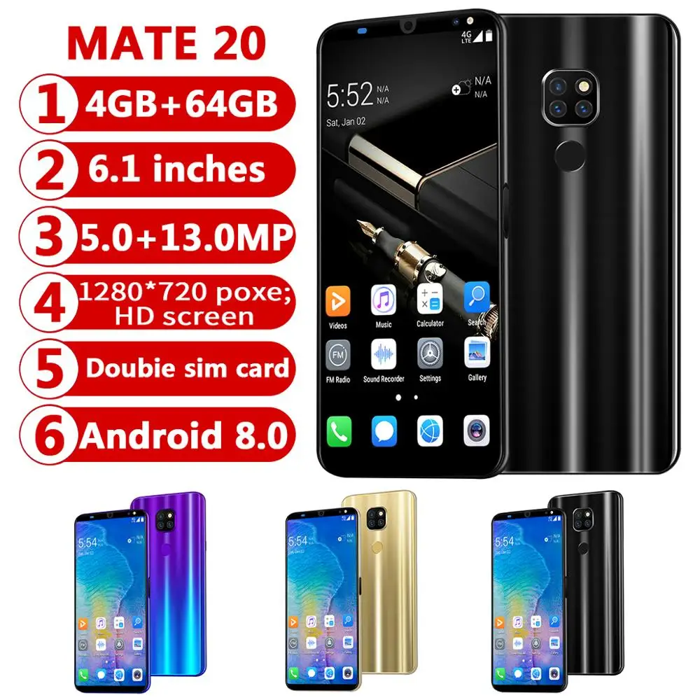CHAOAI Smart Phone Android 4GB+64GB Mate20 Pro 6.1'' Full Screen Smartphone 8 Core Face Unlock Dual Sim 3g Cell Phone